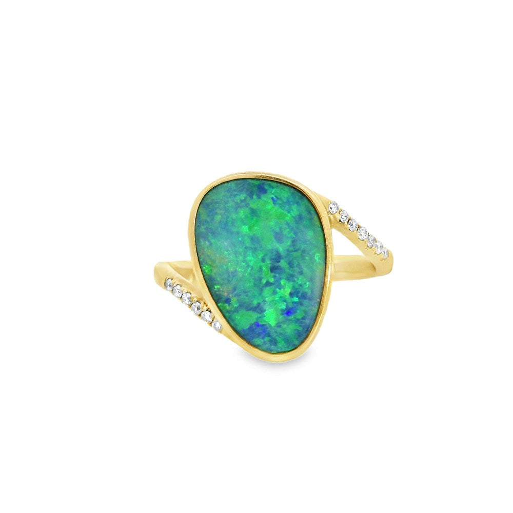 Australian Opal Doublet 3.40 Carat Ring Set in 14 Karat Yellow Gold with 12 x G-H/Vs1-Si1 Diamonds Weighing 0.12 Carat