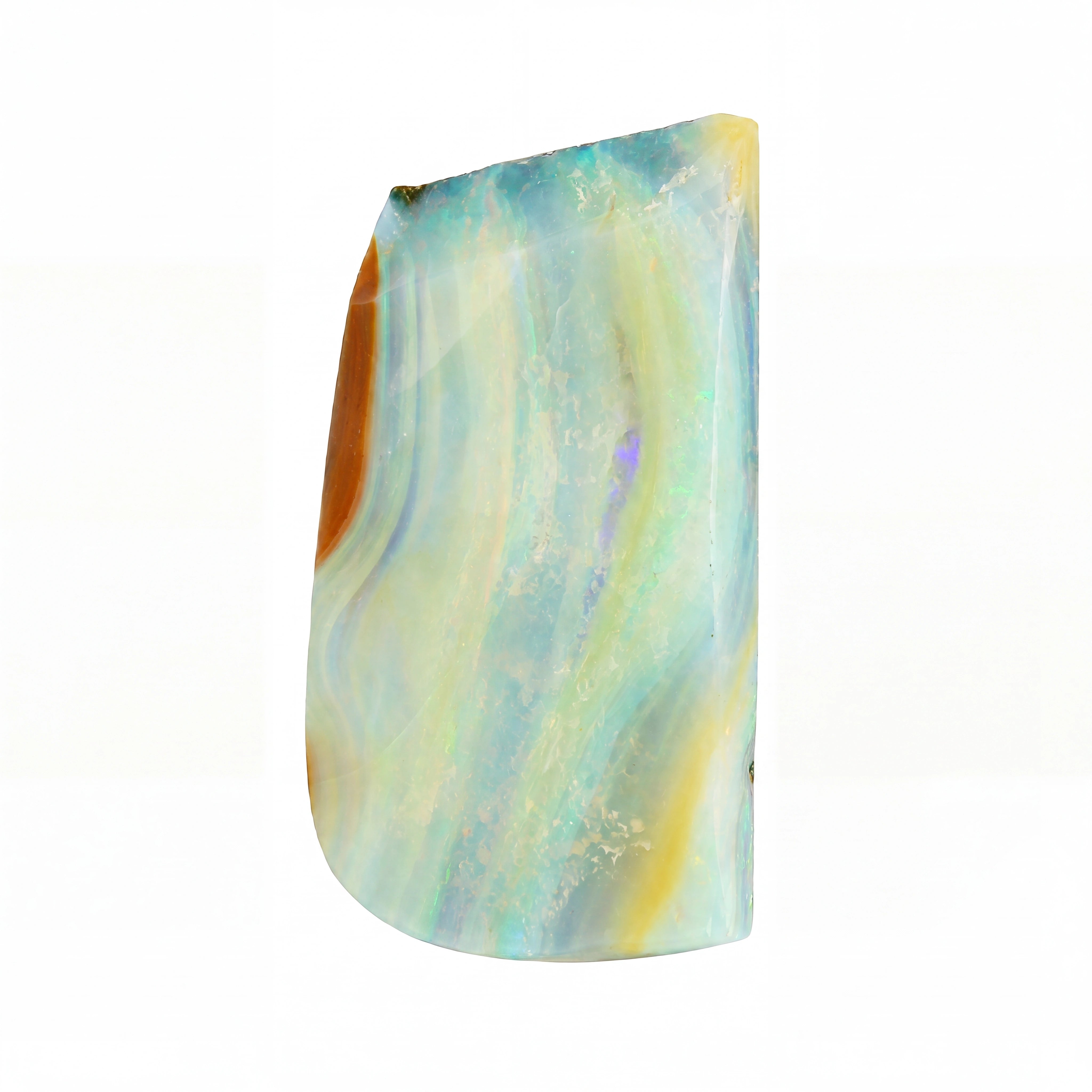 A polished natural opal stone cabochon with iridescent swirls of light blue, green, yellow, and hints of orange, shown on a plain white background.