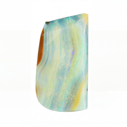 A polished natural opal stone cabochon with iridescent swirls of light blue, green, yellow, and hints of orange, shown on a plain white background.