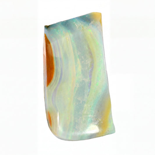 A polished, irregular-shaped opal stone with iridescent wavy bands of pale blue, cream, yellow, and orange, set against a plain white background.