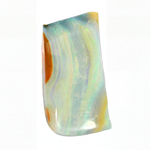 A polished, irregular-shaped opal stone with iridescent wavy bands of pale blue, cream, yellow, and orange, set against a plain white background.