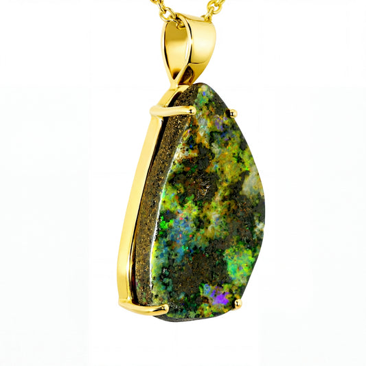 Boulder Opal Pendant in 14K Yellow Gold - Multicolour