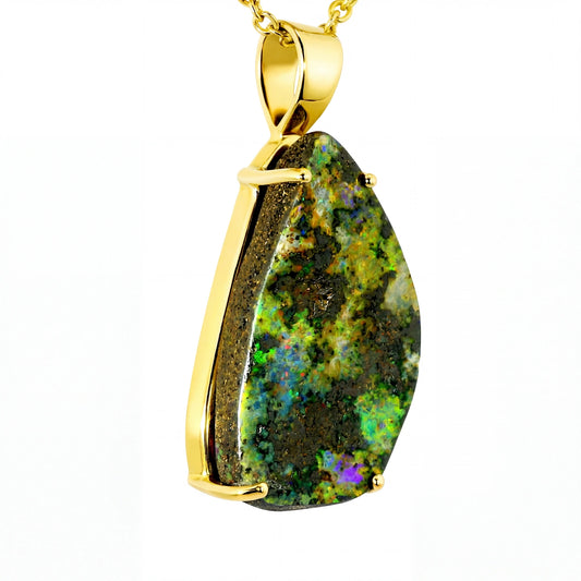 Boulder Opal Pendant in 14K Yellow Gold - Multicolour - Australian Opal Cutters and Pearl Divers