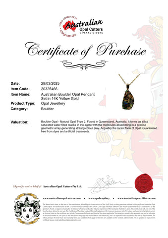 Boulder Opal Pendant in 14K Yellow Gold - Multicolour