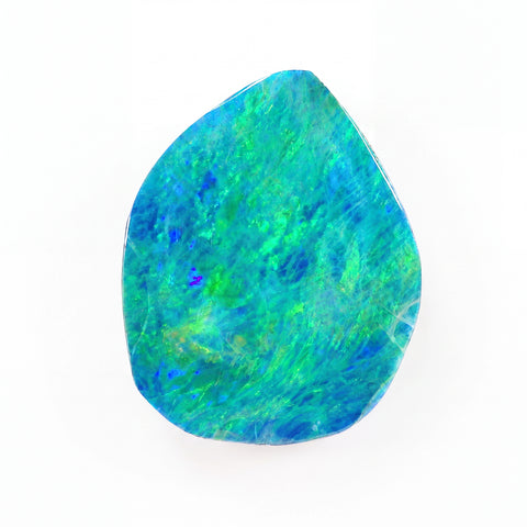 A teardrop-shaped loose opal gemstone displaying vibrant green, blue, and light grey iridescent patterns, isolated on a solid black background.