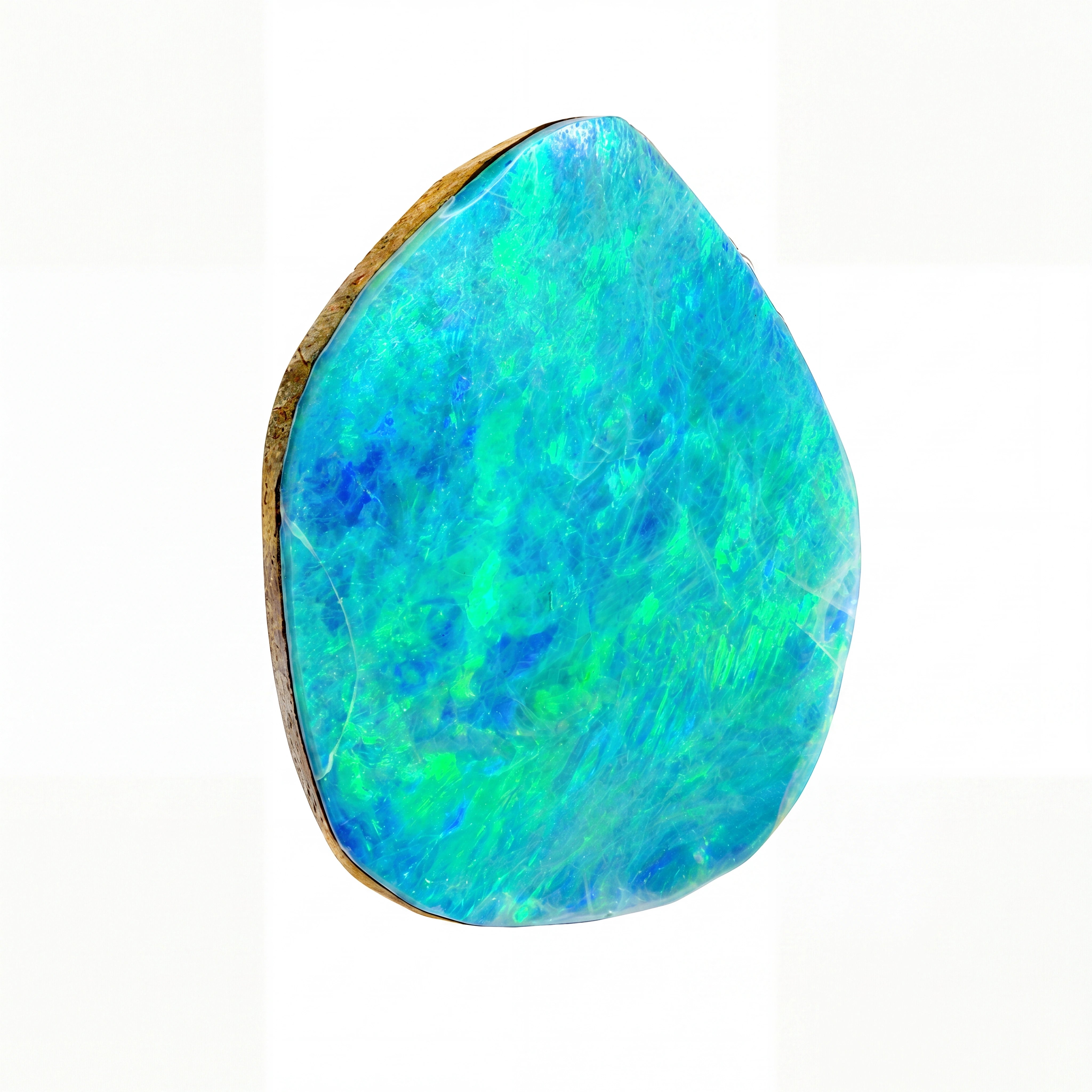 A teardrop-shaped loose opal gemstone displaying vibrant blue and green iridescent play-of-colour on a solid white background.