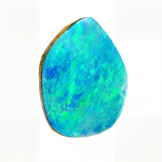 A teardrop-shaped loose opal gemstone displaying vibrant blue and green iridescent play-of-colour on a solid white background.