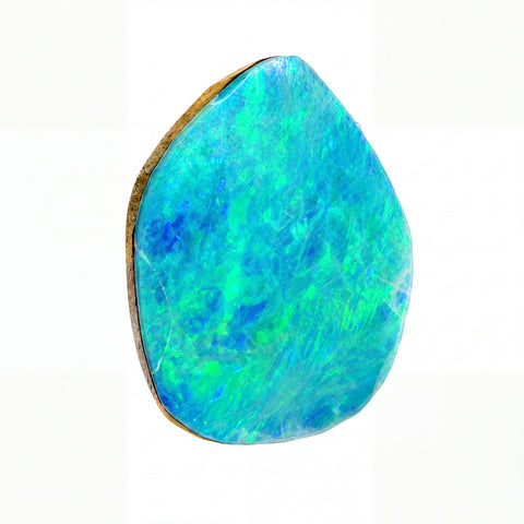 A teardrop-shaped loose opal gemstone displaying vibrant blue and green iridescent play-of-colour on a solid white background.