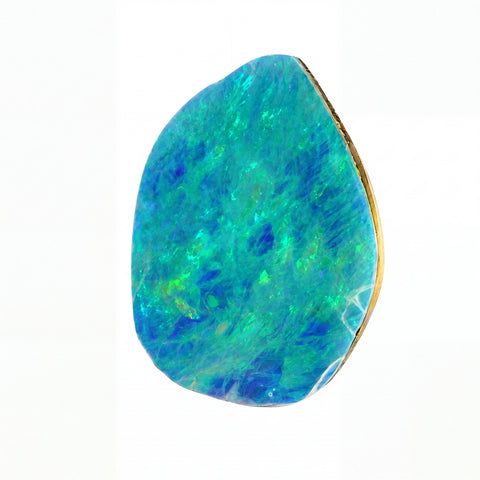 A teardrop-shaped loose opal gemstone with vibrant blue, green, and turquoise iridescent colours, set in a polished gold bezel, shown on a plain white background.