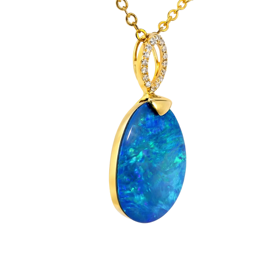 Doublet Opal Pendant in 10K Yellow Gold - Green-Blue - Australian Opal Cutters and Pearl Divers
