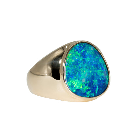Doublet Opal Men's Ring in 14K Yellow Gold - Green-Blue