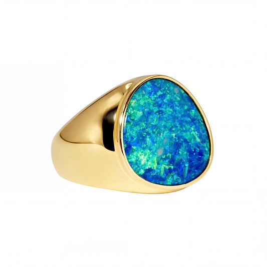 Doublet Opal Men's Ring in 14K Yellow Gold - Green-Blue - Australian Opal Cutters and Pearl Divers