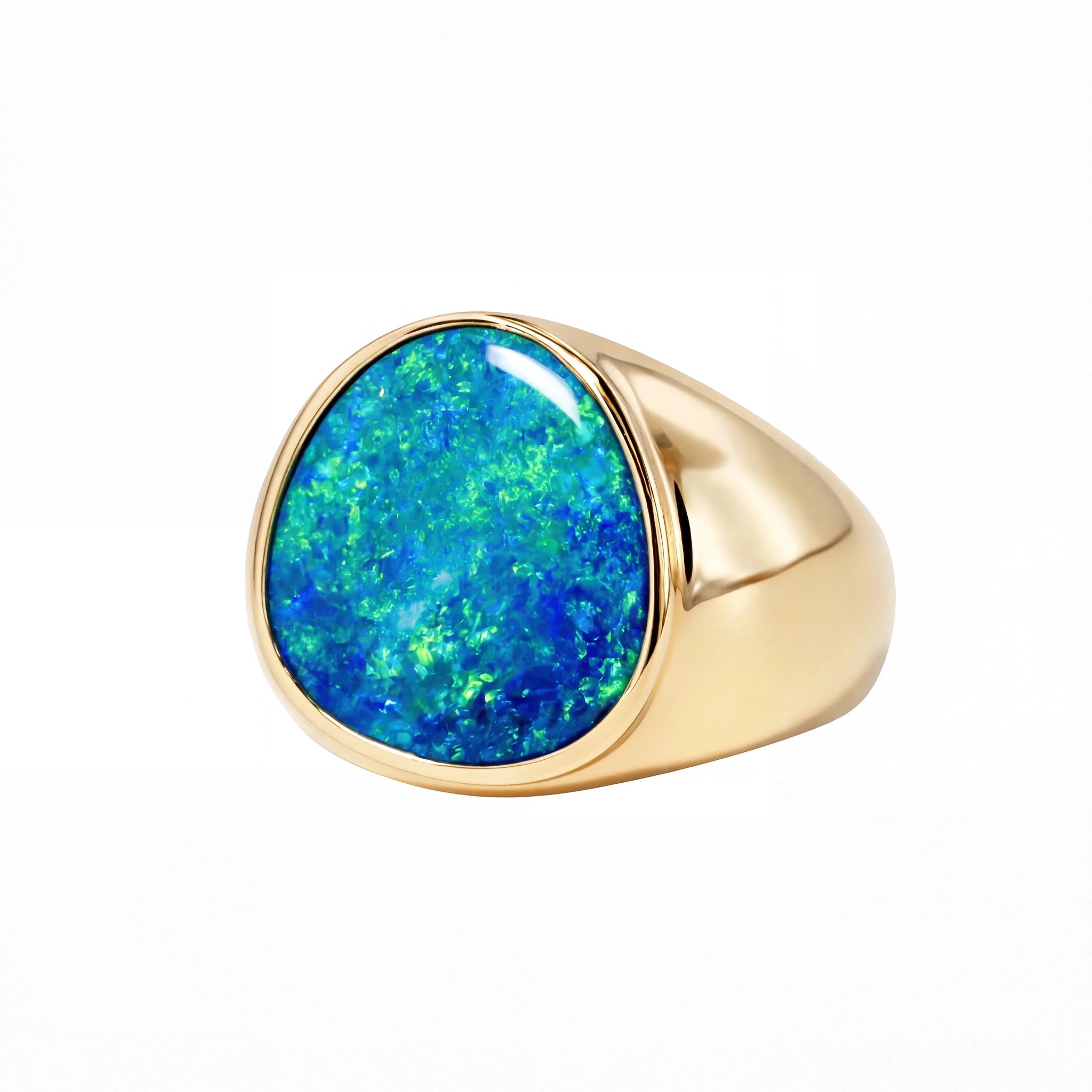 Doublet Opal Men's Ring in 14K Yellow Gold - Green-Blue - Australian Opal Cutters and Pearl Divers