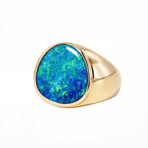 Doublet Opal Men's Ring in 14K Yellow Gold - Green-Blue