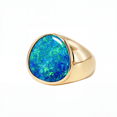 Doublet Opal Men's Ring in 14K Yellow Gold - Green-Blue - Australian Opal Cutters and Pearl Divers
