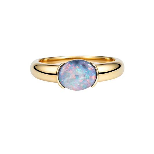 Dark Opal Ring In 14k Yellow Gold - Multicolour - Australian Opal Cutters and Pearl Divers