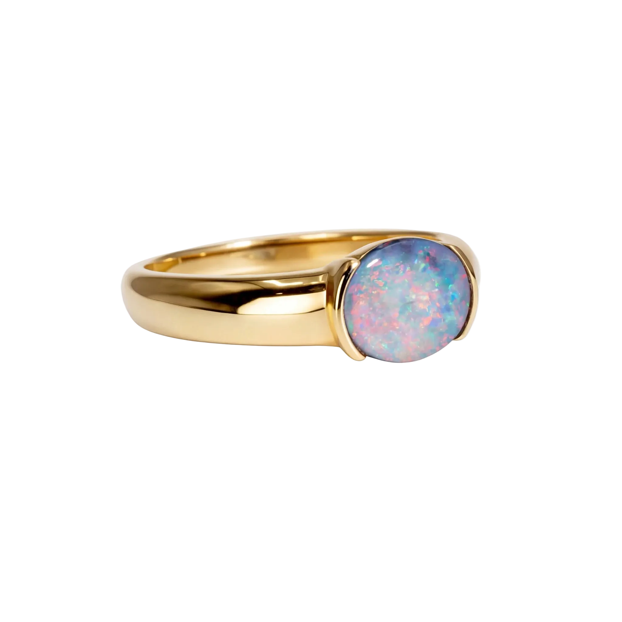 Dark Opal Ring In 14k Yellow Gold - Multicolour - Australian Opal Cutters and Pearl Divers