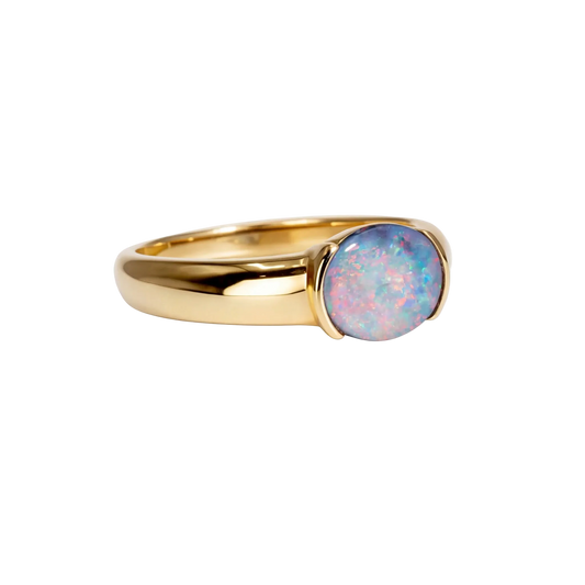 Dark Opal Ring In 14k Yellow Gold - Multicolour - Australian Opal Cutters and Pearl Divers