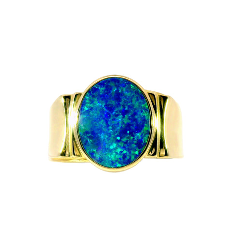 Doublet Opal Men's Ring in 14K Yellow Gold - Green-Blue