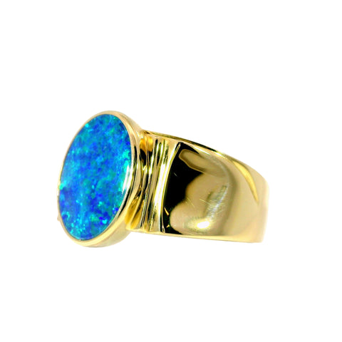 Doublet Opal Men's Ring in 14K Yellow Gold - Green-Blue