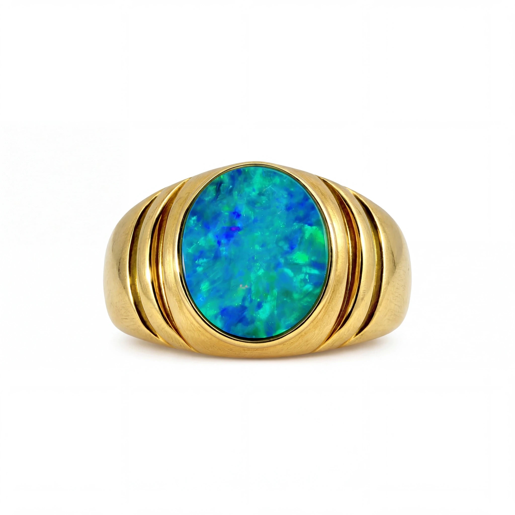 Doublet Opal Men's Ring in 14K Yellow Gold - Green-Blue - Australian Opal Cutters and Pearl Divers