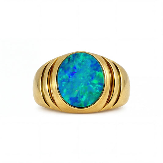 Doublet Opal Men's Ring in 14K Yellow Gold - Green-Blue - Australian Opal Cutters and Pearl Divers