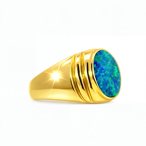 Doublet Opal Men's Ring in 14K Yellow Gold - Green-Blue