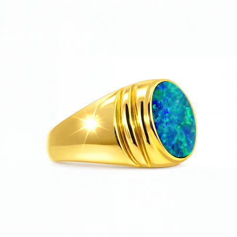 Doublet Opal Men's Ring in 14K Yellow Gold - Green-Blue - Australian Opal Cutters and Pearl Divers