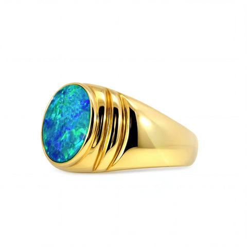 Doublet Opal Men's Ring in 14K Yellow Gold - Green-Blue