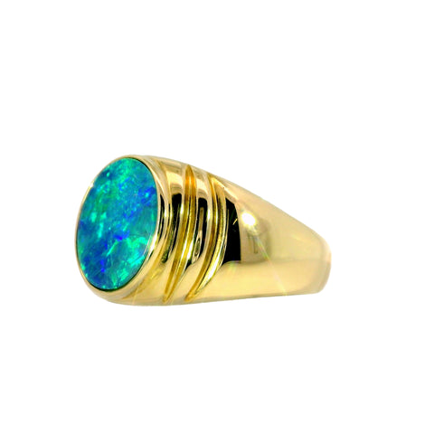 Doublet Opal Men's Ring in 14K Yellow Gold - Green-Blue