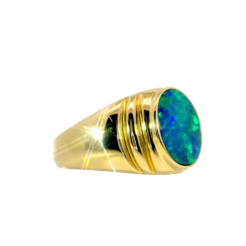 Doublet Opal Men's Ring in 14K Yellow Gold - Green-Blue