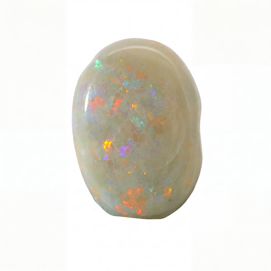 A polished white opal gemstone with vibrant, shifting iridescent flashes of orange, green, blue, and purple, set against a plain white background.