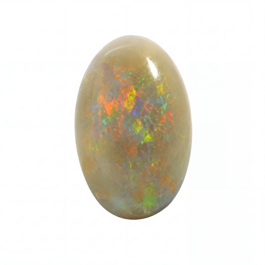 A polished oval cabochon opal gemstone showing a mix of iridescent colours including orange, green, blue, and purple over a beige base, set against a plain white background.