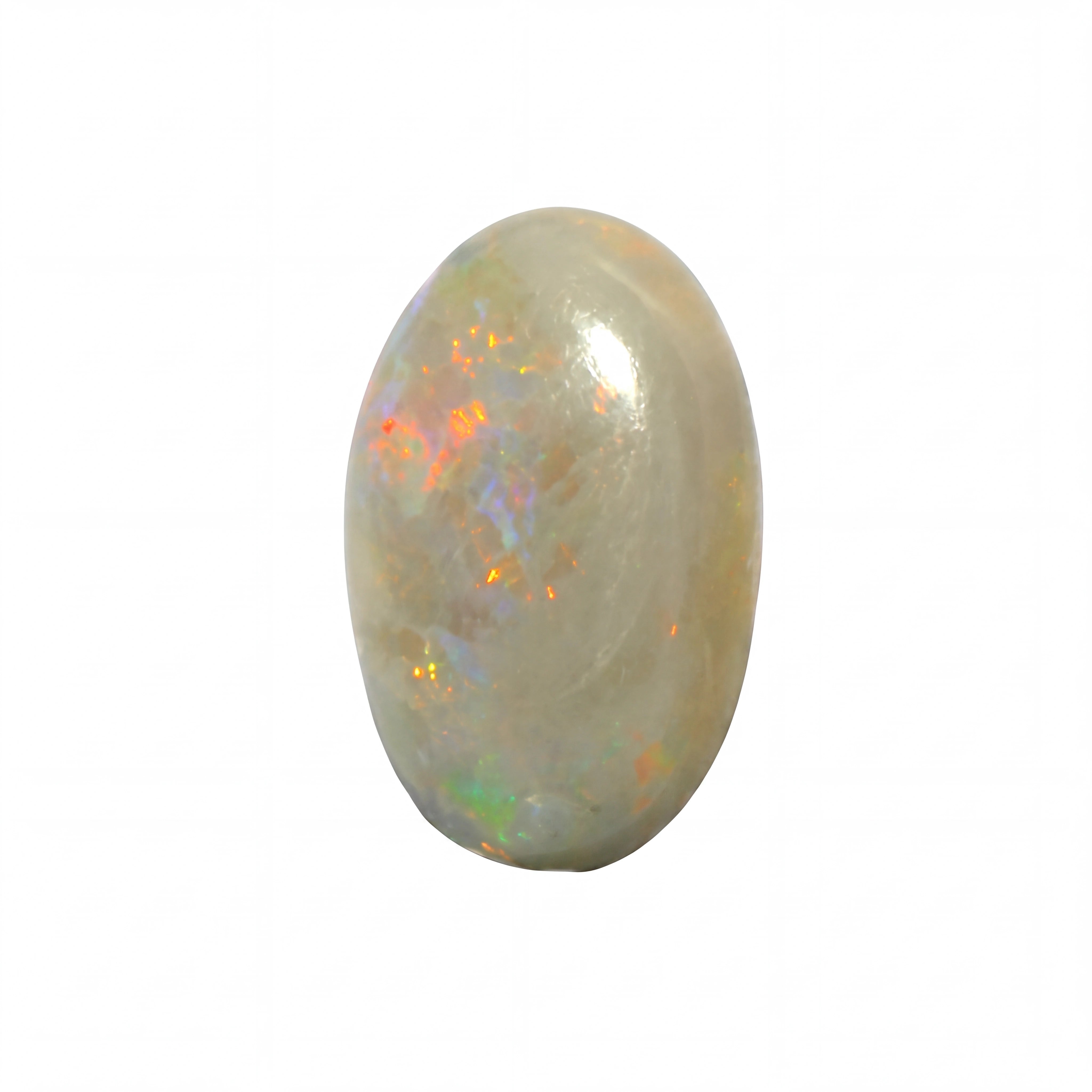 A polished oval cabochon gemstone with a milky white base and vibrant iridescent flashes of orange, blue, and green, set against a plain white background.