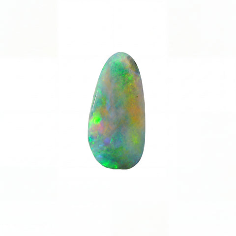 A polished teardrop-shaped opal gemstone displaying vibrant flashes of green, blue, orange, and purple on a solid white background.