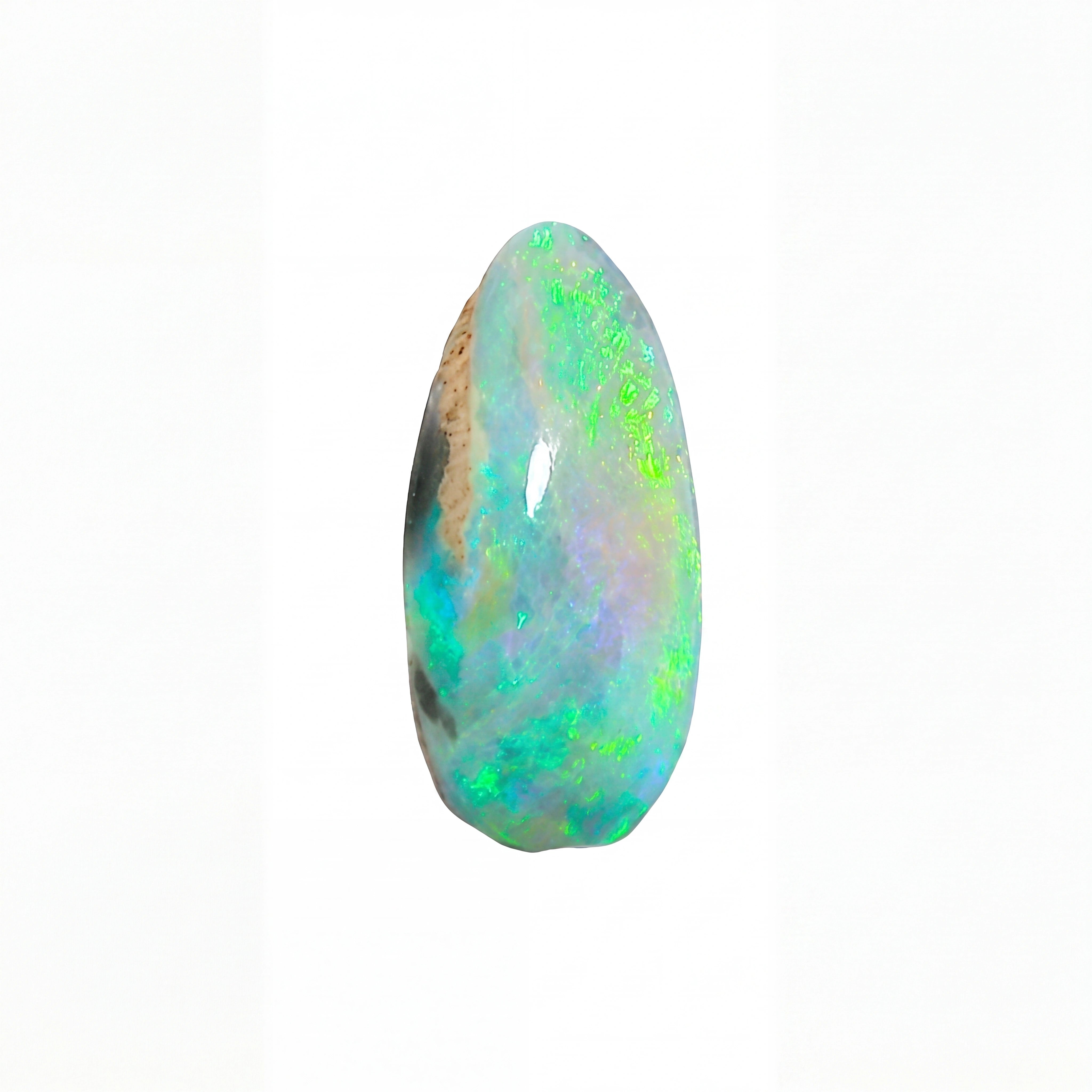 A raw teardrop-shaped opal gemstone with vibrant green, blue, and white flashes, set against a plain white background.