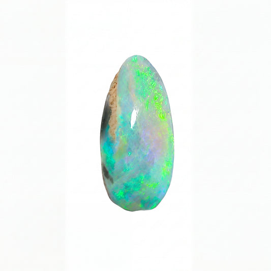 A raw teardrop-shaped opal gemstone with vibrant green, blue, and white flashes, set against a plain white background.