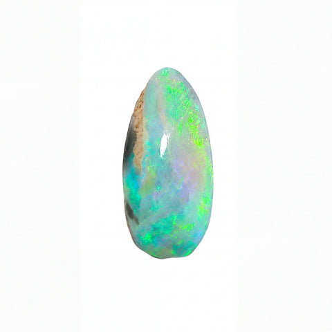 A raw teardrop-shaped opal gemstone with vibrant green, blue, and white flashes, set against a plain white background.