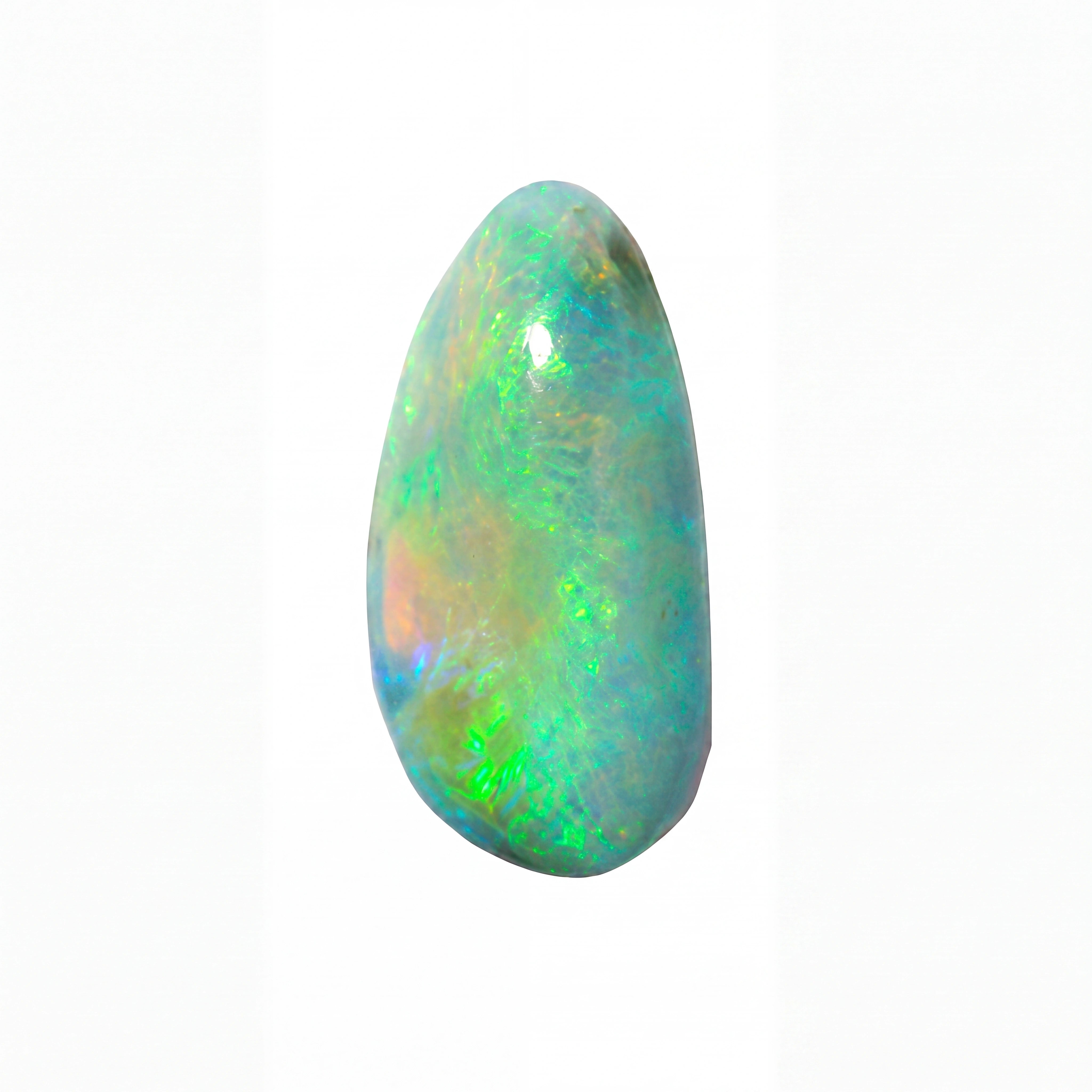 A polished teardrop-shaped opal gemstone displaying vibrant iridescent flashes of green, blue, and orange on a solid white background.