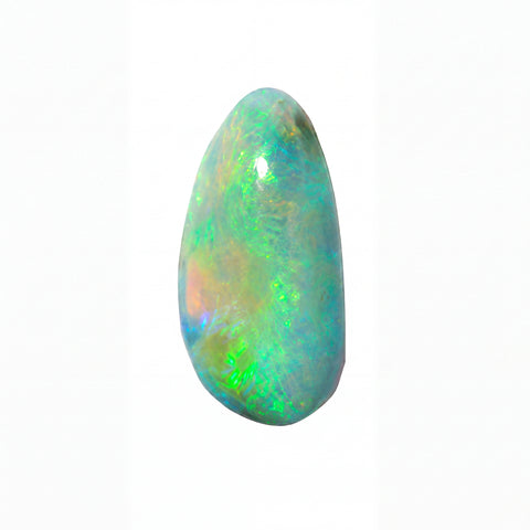 A polished teardrop-shaped opal gemstone displaying vibrant iridescent flashes of green, blue, and orange on a solid white background.