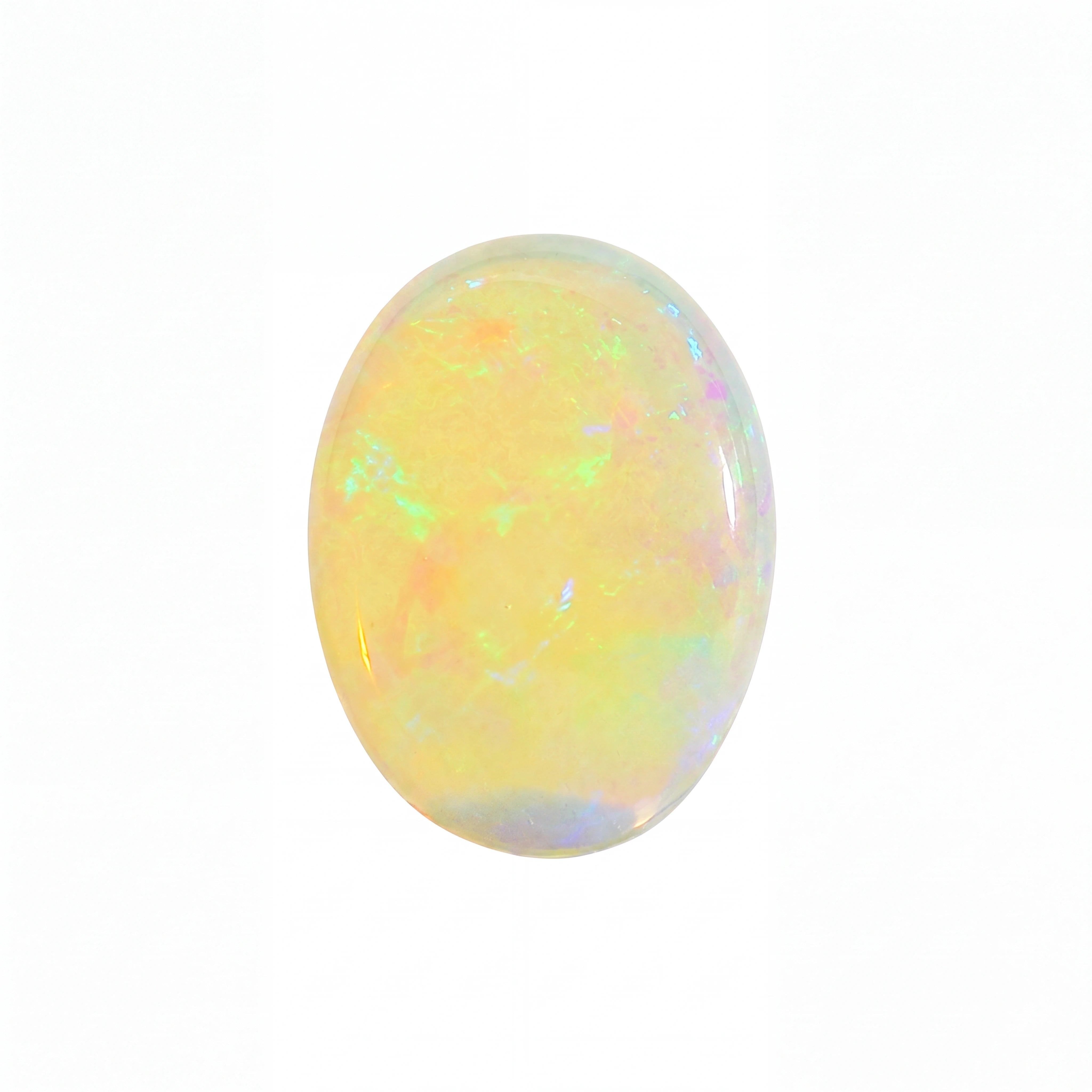 A polished oval cabochon opal gemstone displaying a play-of-colour with soft yellow, orange, green, and blue iridescence on a solid white background.