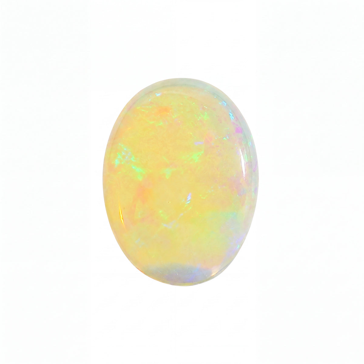 A polished oval cabochon opal gemstone displaying a play-of-colour with soft yellow, orange, green, and blue iridescence on a solid white background.