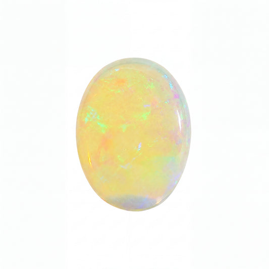A polished oval cabochon opal gemstone displaying a play-of-colour with soft yellow, orange, green, and blue iridescence on a solid white background.