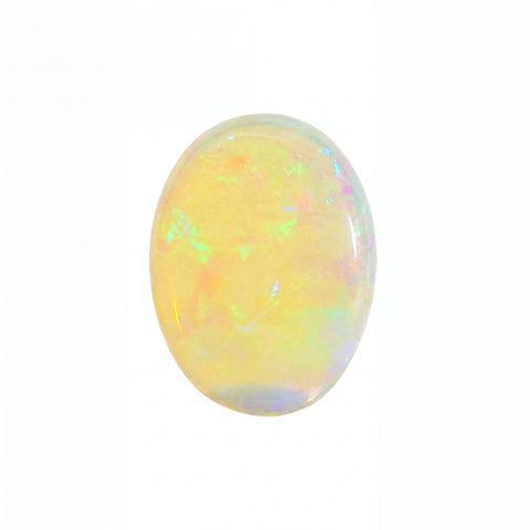 A polished oval cabochon opal gemstone displaying a play-of-colour with soft yellow, orange, green, and blue iridescence on a solid white background.