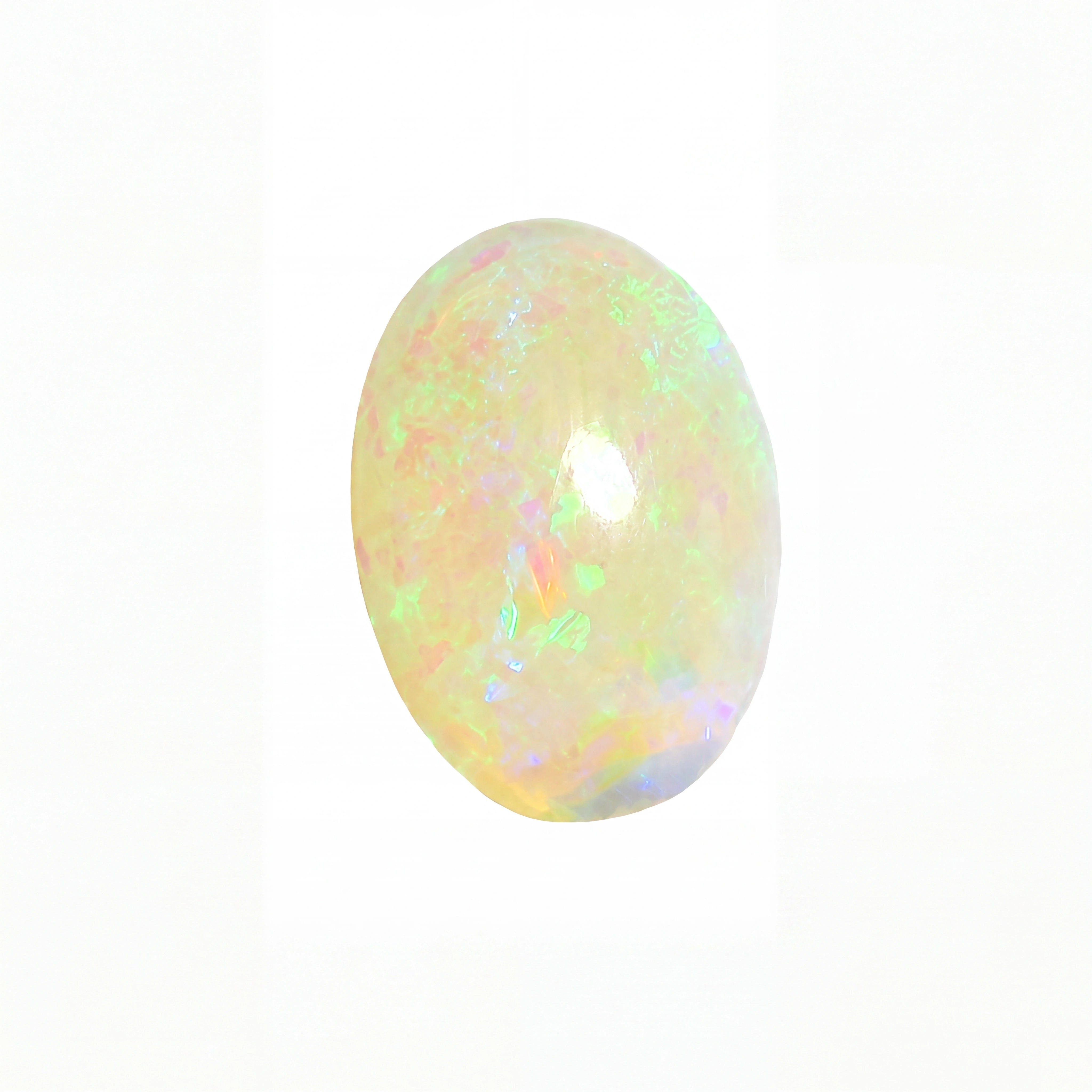 A polished oval cabochon gemstone with a soft yellow body and iridescent flashes of green, blue, and pink, shown on a plain white background.