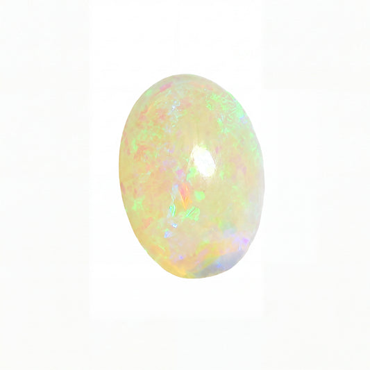 A polished oval cabochon gemstone with a soft yellow body and iridescent flashes of green, blue, and pink, shown on a plain white background.