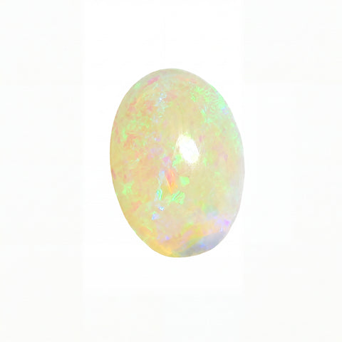 A polished oval cabochon gemstone with a soft yellow body and iridescent flashes of green, blue, and pink, shown on a plain white background.