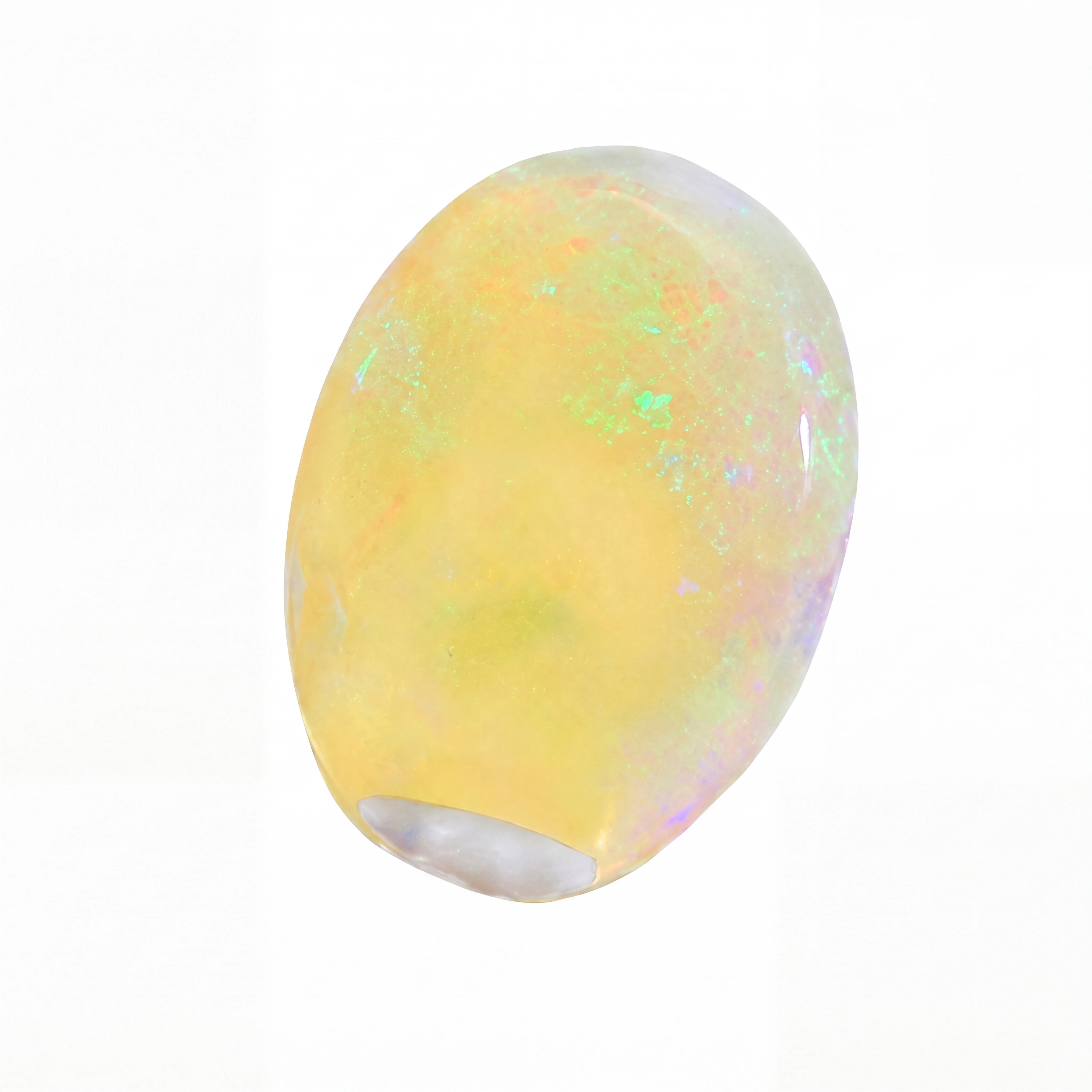 A polished oval cabochon gemstone with a soft yellow body and iridescent flashes of green, blue, and pink, shown on a plain white background.