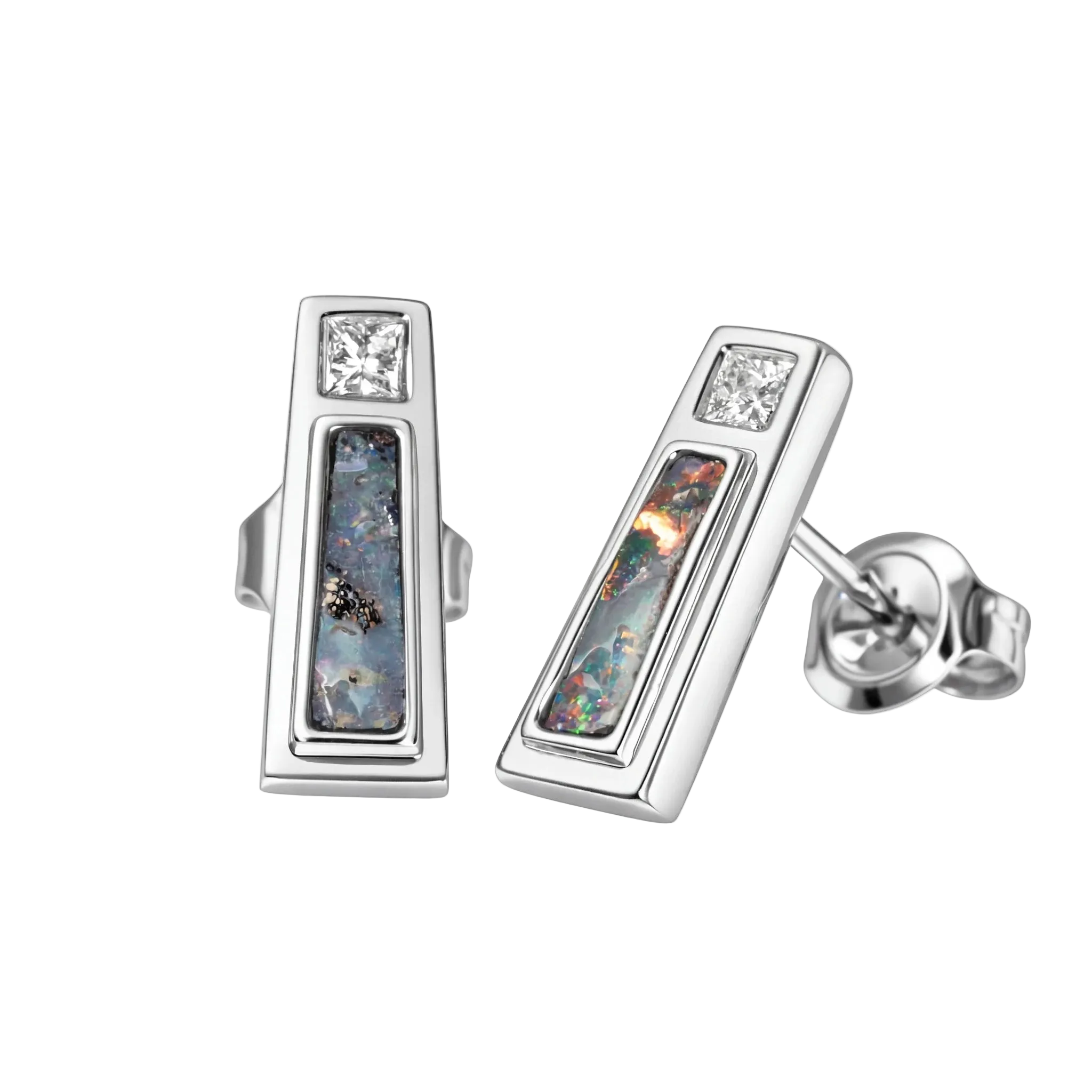 Boulder Opal Earrings in 14K White Gold - Multicolour - Australian Opal Cutters and Pearl Divers