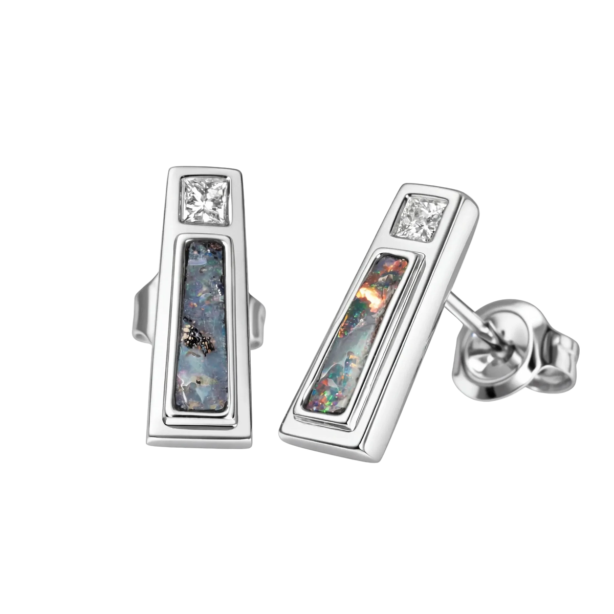 Boulder Opal Earrings in 14K White Gold - Multicolour - Australian Opal Cutters and Pearl Divers